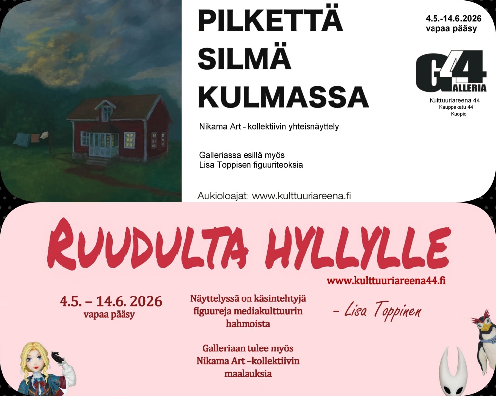 Galleria 44 yhteisnäyttely : Pilkettä Silmäkulmassa ja Ruudulta Hyllylle